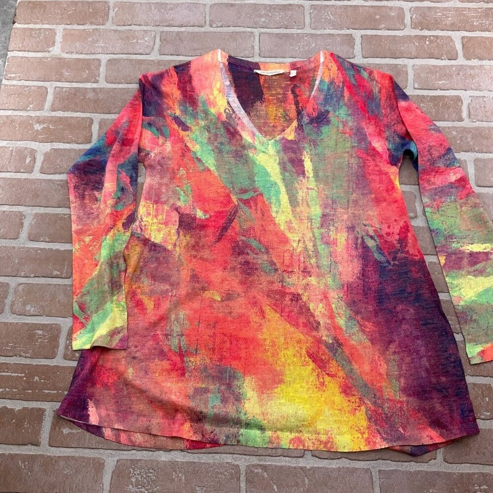 Soft‎ Surroundings Top Women Medium Red Purple Rainbow Art Abstract Pullover